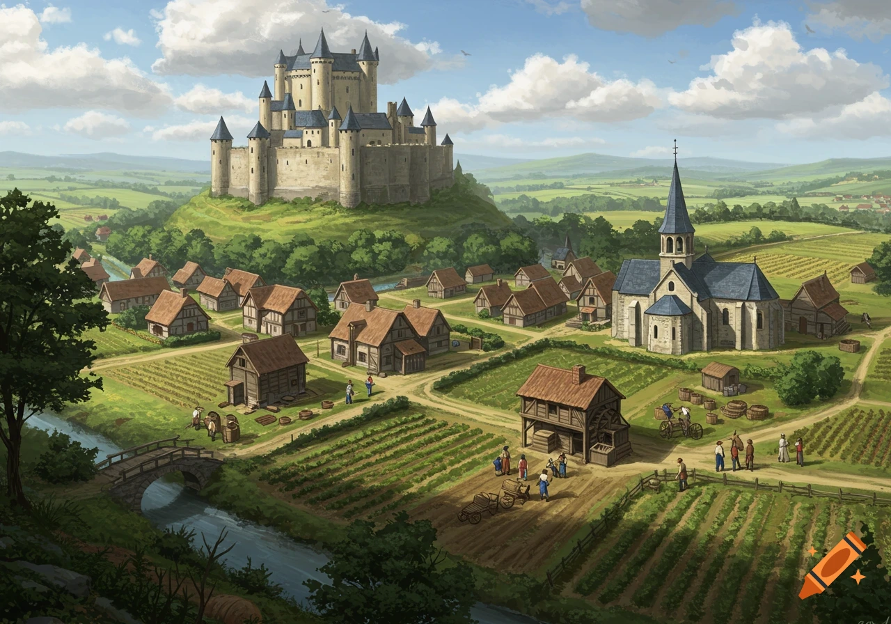 A detailed illustration of a medieval village with a large stone castle on a hill overlooking houses, fields, a church, and people working.