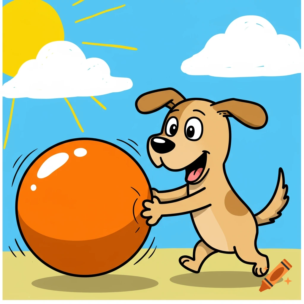 A happy cartoon dog pushes a large orange beach ball under a bright yellow sun and blue sky.
