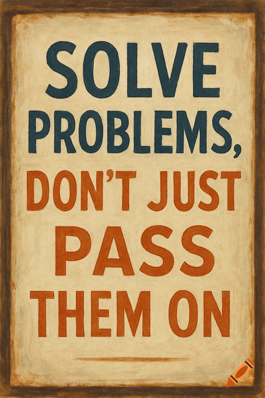 A vintage-style poster with the text 'Solve problems, don't just pass them on' in dark blue and orange on a beige background with a brown border.
