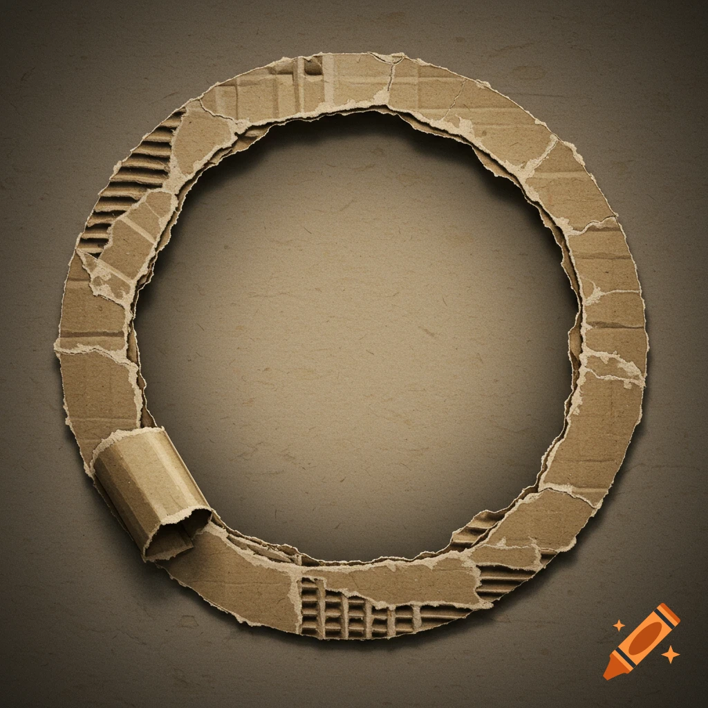 A photorealistic image of a torn cardboard circle against a dark, textured background.
