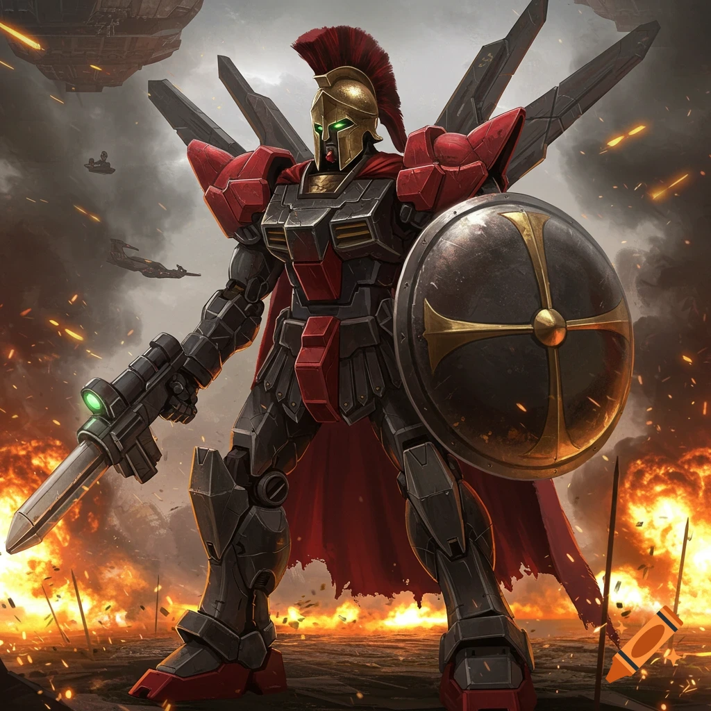 A powerful Gundam-style mech with Spartan warrior armor, helmet, and red cape, stands heroically amidst explosions on a fiery futuristic battlefield, holding a sword and shield.