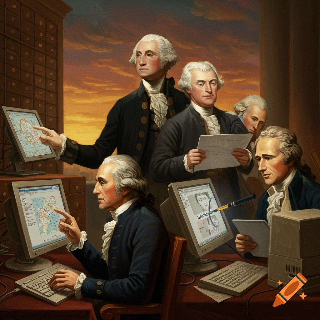 A painting depicts five Founding Fathers in 18th-century attire interacting with modern desktop computers and tablets, appearing to browse the internet.
