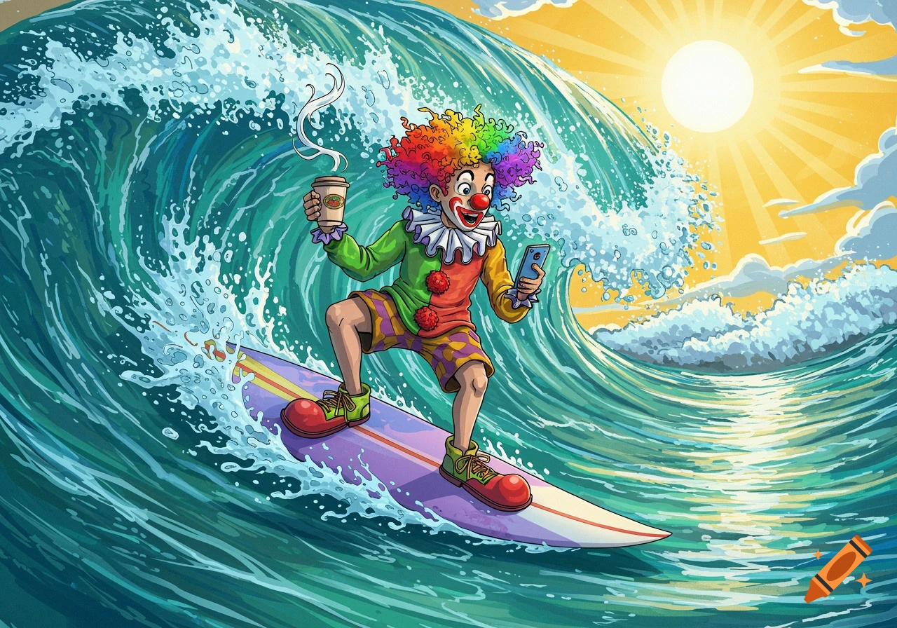 A colorful cartoon clown with rainbow hair surfs a large ocean wave, holding a steaming coffee cup and a cellphone.