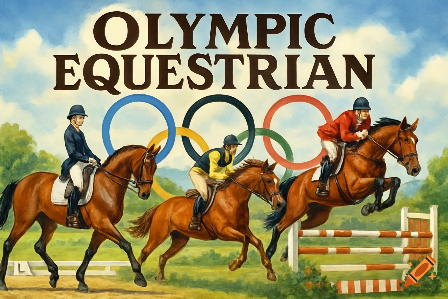 A painterly illustration of Olympic equestrian sports featuring three riders on horses in different disciplines, with large "Olympic Equestrian" text and colorful Olympic rings in the background.