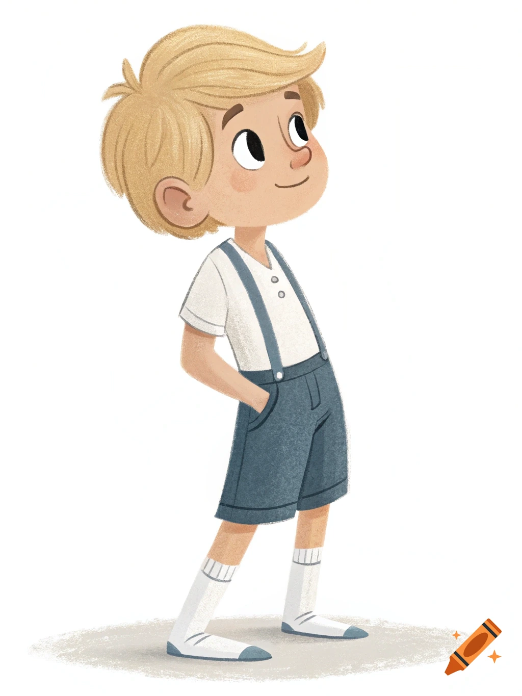 Cartoon illustration of a blonde-haired boy wearing a white shirt, blue suspender shorts, and tall white socks, looking up.