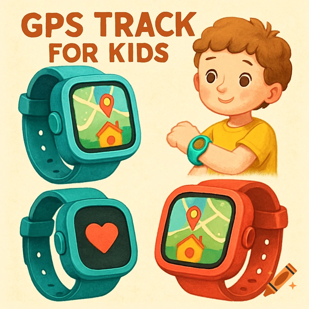 Cartoon illustration of a boy wearing a GPS watch, with two other GPS watches showing a map and a heart icon.