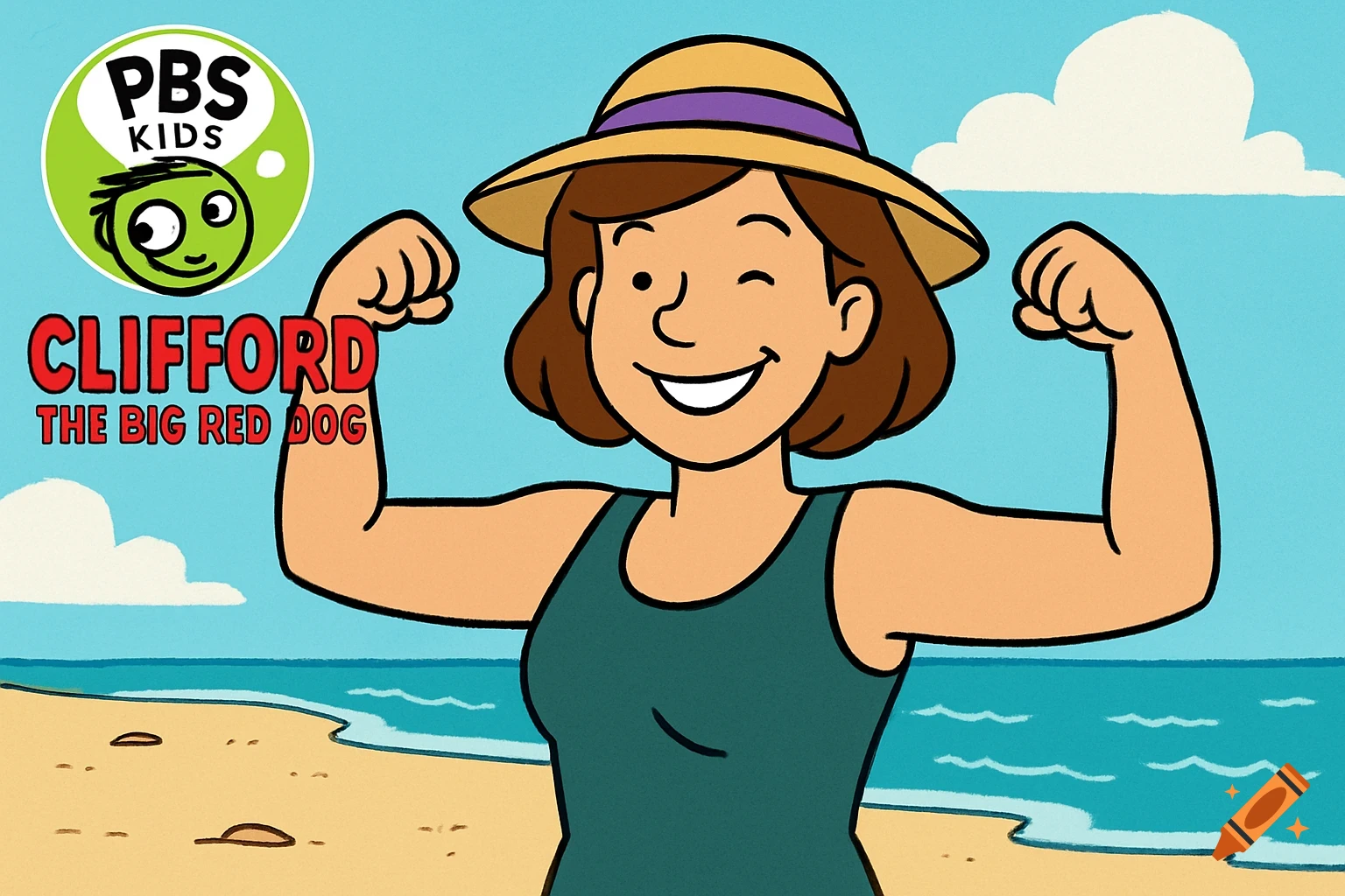 A cartoon woman with brown hair and a straw hat, wearing a green tank top, flexes her arms on a sandy beach. The PBS Kids and Clifford logos are visible.