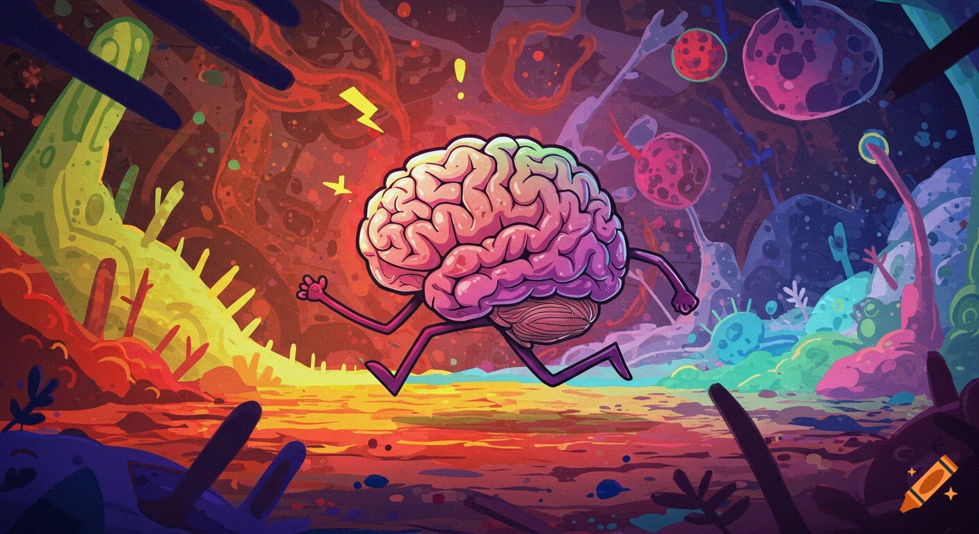 A cartoon brain with arms and legs runs through a vibrant, surreal landscape.