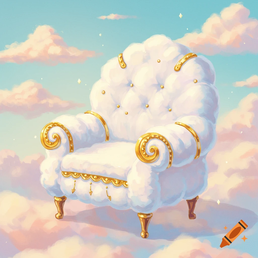 A white cloud-like armchair with golden accents floats amidst pink and white clouds in a blue sky, in a whimsical style.