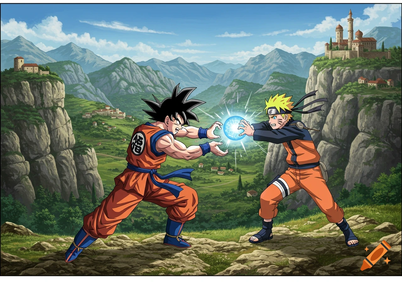 Anime characters Goku and Naruto face off, charging a blue energy ball, in a mountainous landscape with villages and a castle.