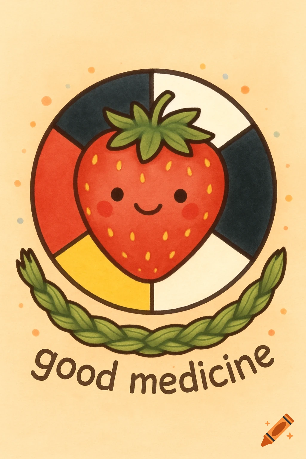 Cute cartoon strawberry with a smiling face centered on an Indigenous medicine wheel, with braided sweetgrass below it. Text reads 'good medicine'.