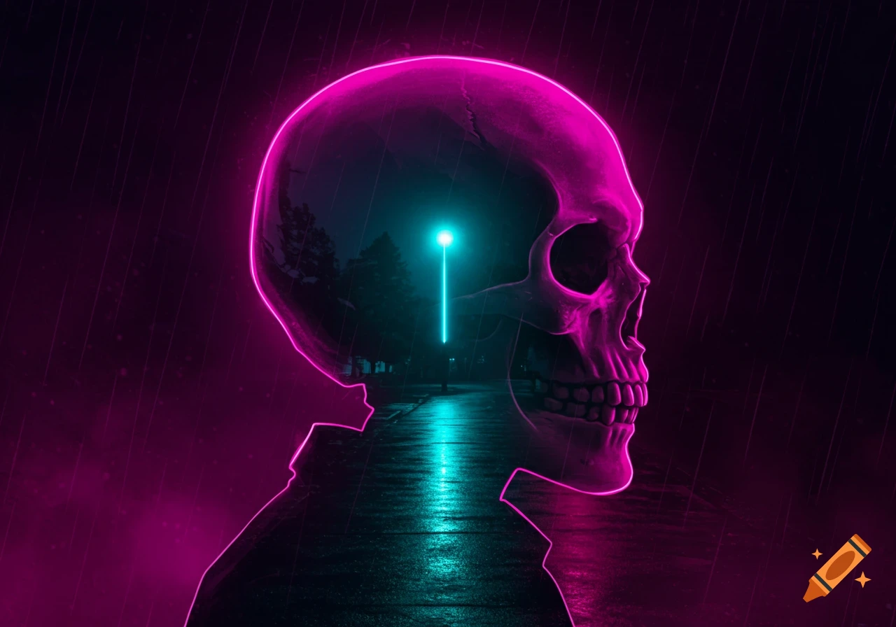 A cinematic double exposure of a neon pink skull with a dark rainy night street and blue streetlamp inside its silhouette.