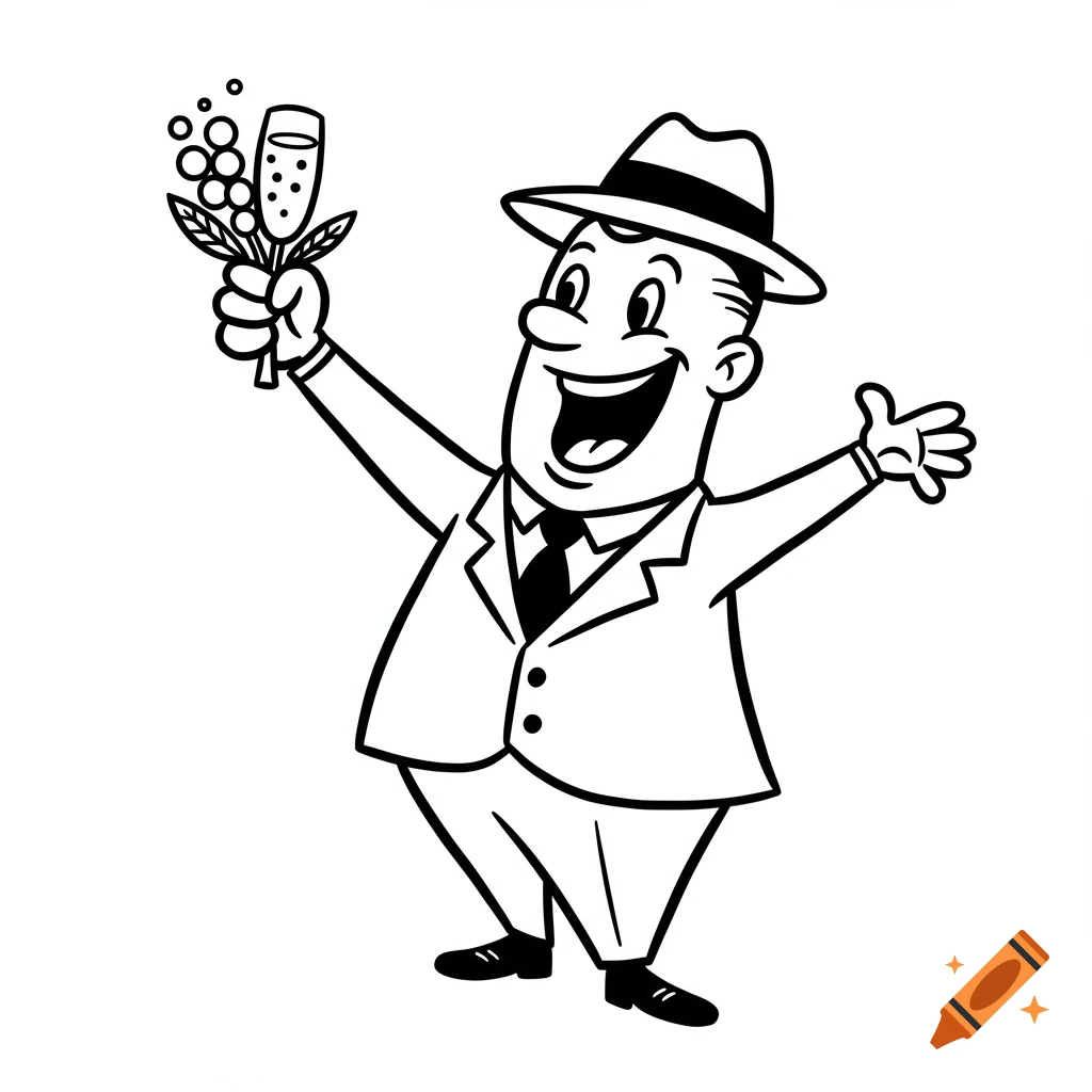 A black and white 1950s style cartoon businessman with dot eyes holds a mimosa and smiles excitedly with arms outstretched.