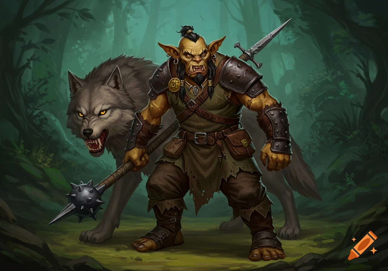 A fierce bugbear warrior holding a morning star stands with a snarling wolf in a dark forest, a javelin on his back.