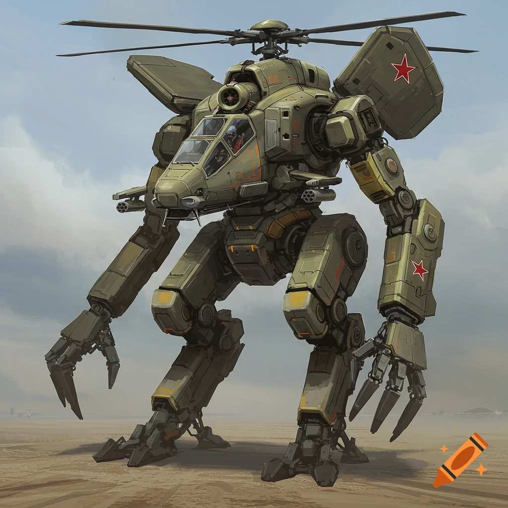 A large, olive-drab mecha suit with a helicopter cockpit for a head and a helicopter rotor on its back, stands in a desert landscape under a cloudy sky. It has large, clawed hands and is detailed with red stars and numbers.