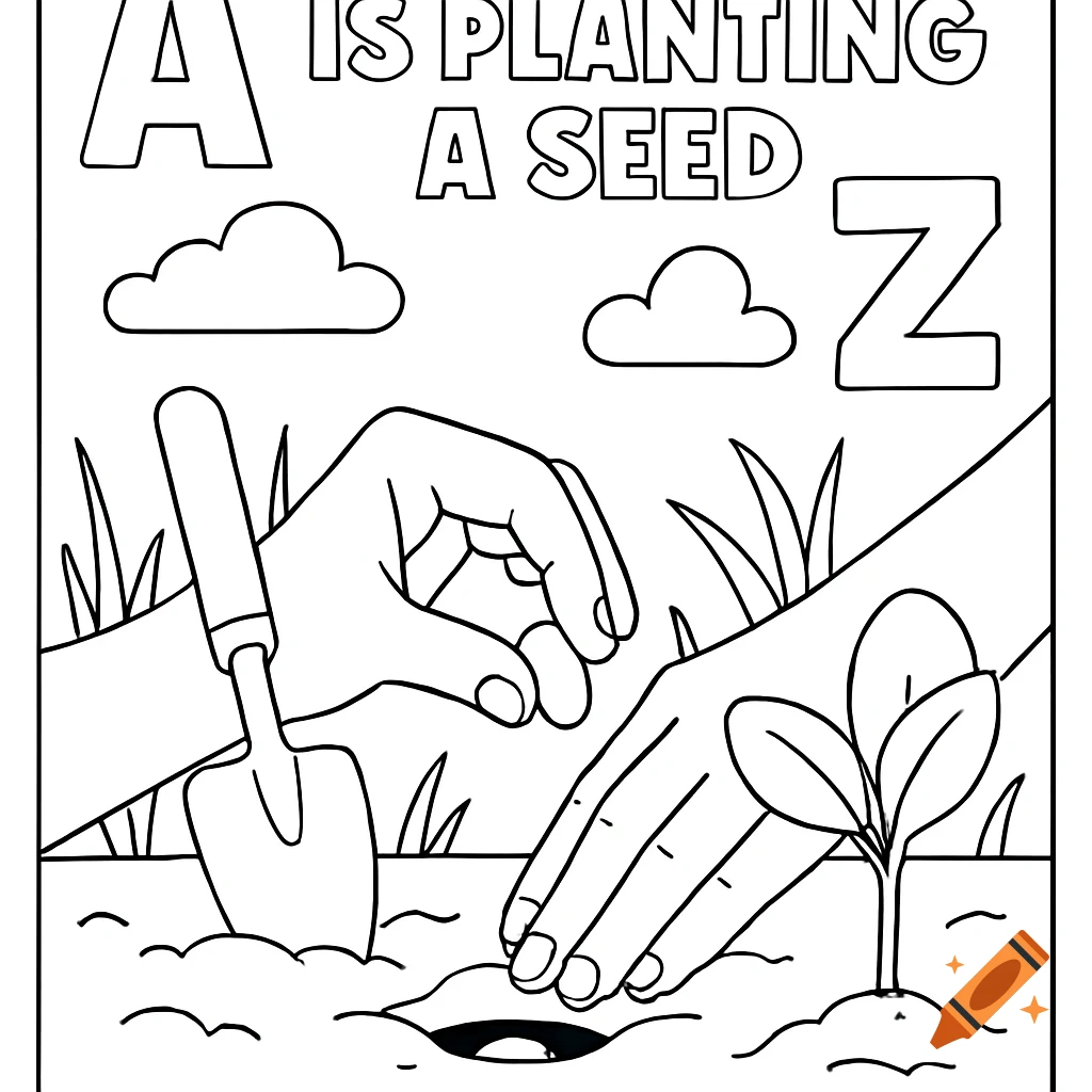 A black and white coloring page of hands planting a seed, with a trowel, a small sprout, clouds, and the text 'A IS PLANTING A SEED' and a large letter 'Z'.