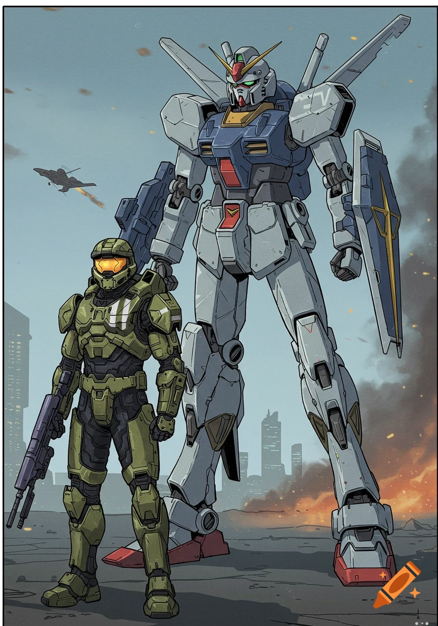 A large Gundam robot stands next to Master Chief in a ruined city with a jet flying by, in a comic art style.