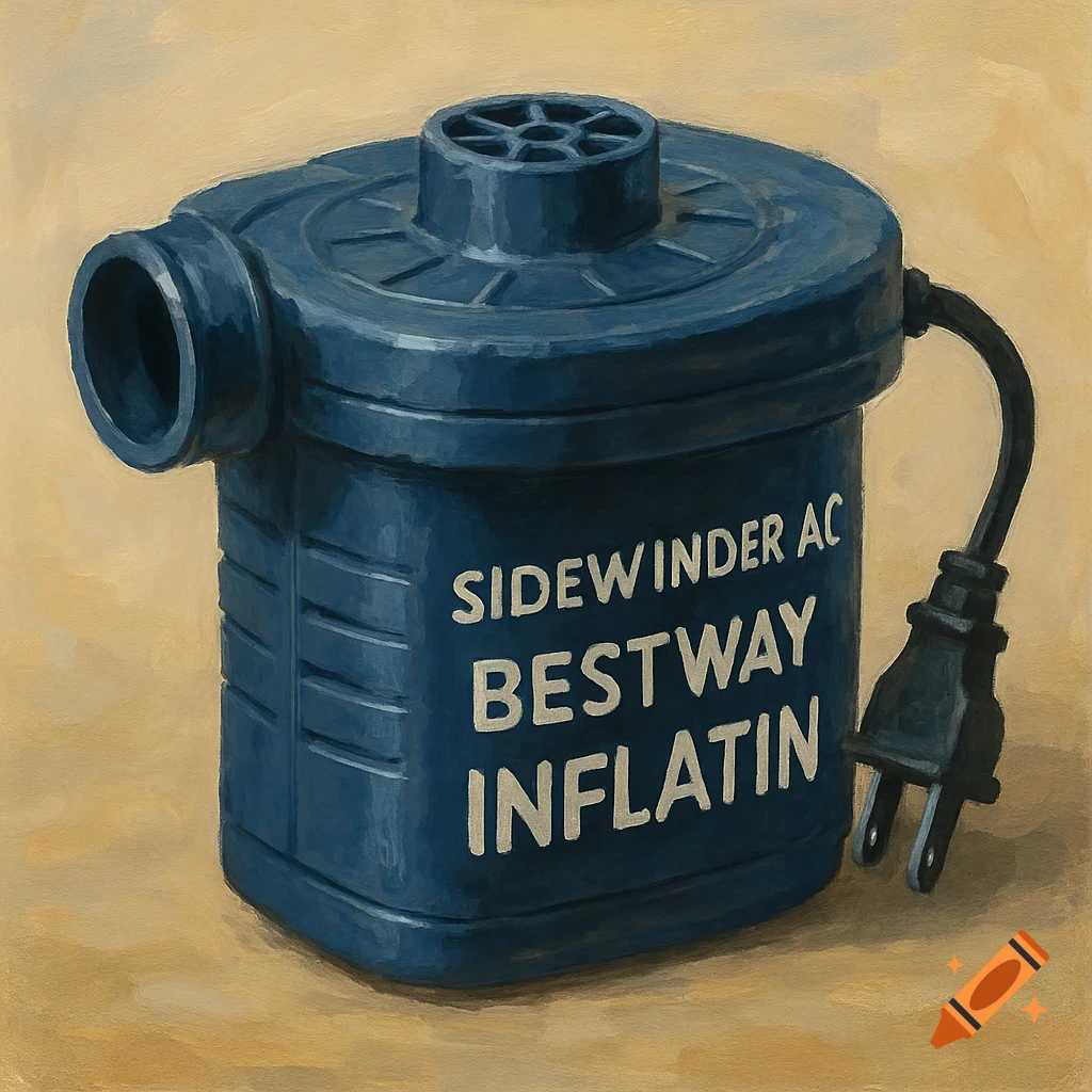A dark blue air pump with an AC cord, labeled 'SIDEWINDER AC BESTWAY INFLATIN', rendered in a painterly style.