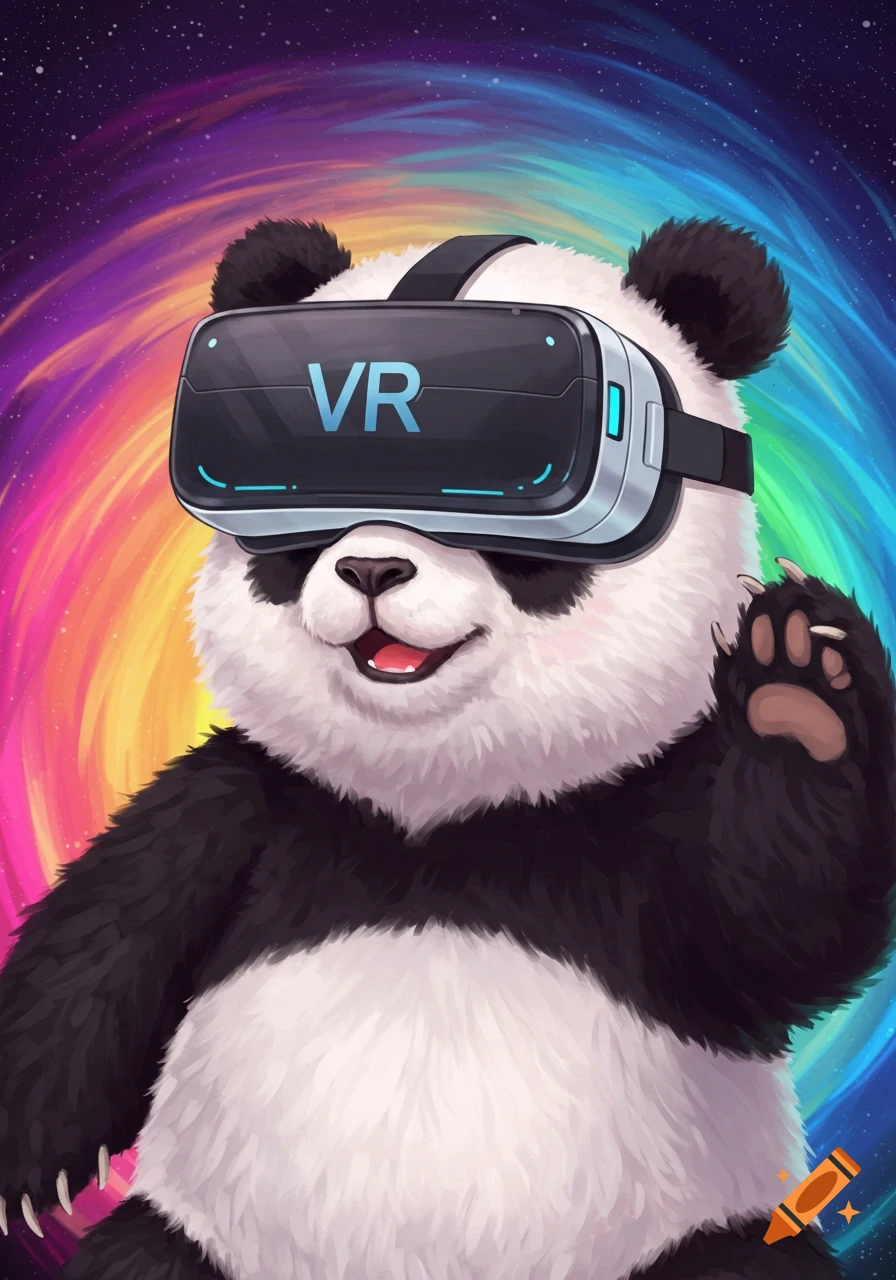 A cute cartoon panda wearing a virtual reality headset, smiling, with a vibrant, swirling rainbow background.