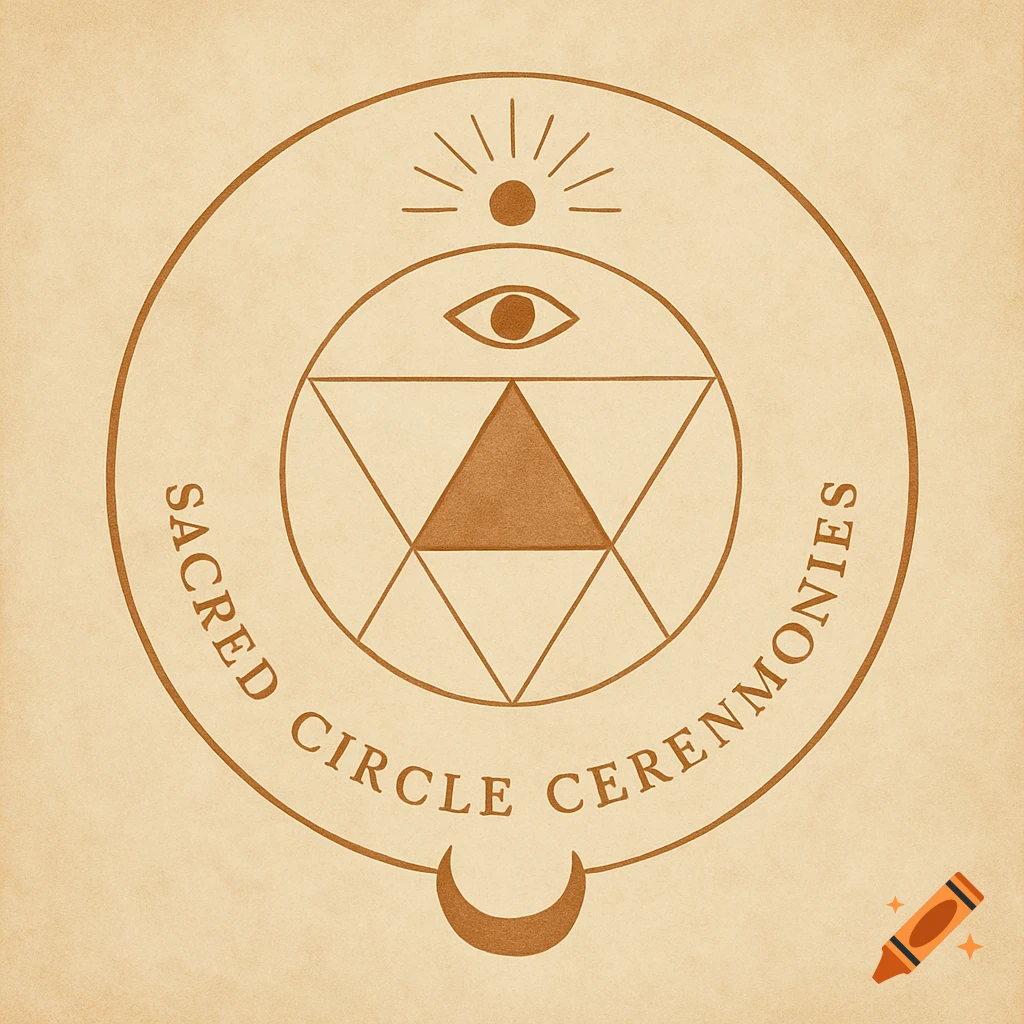 A minimalist spiritual symbol featuring sacred geometry, an eye, sun, and moon, with 'SACRED CIRCLE CEREMONIES' text.
