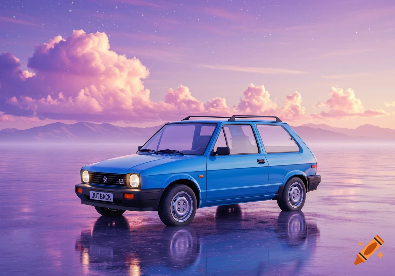 A blue Yugo car sits on a reflective surface under a purple and pink sunset sky with fluffy clouds and mountains.
