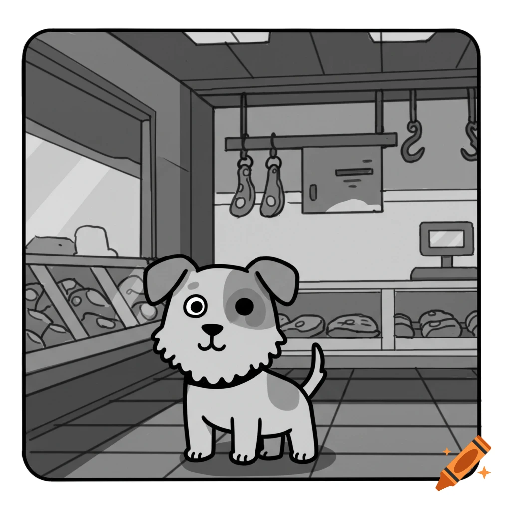 A cute, one-eyed cartoon dog stands in a black and white butcher shop.