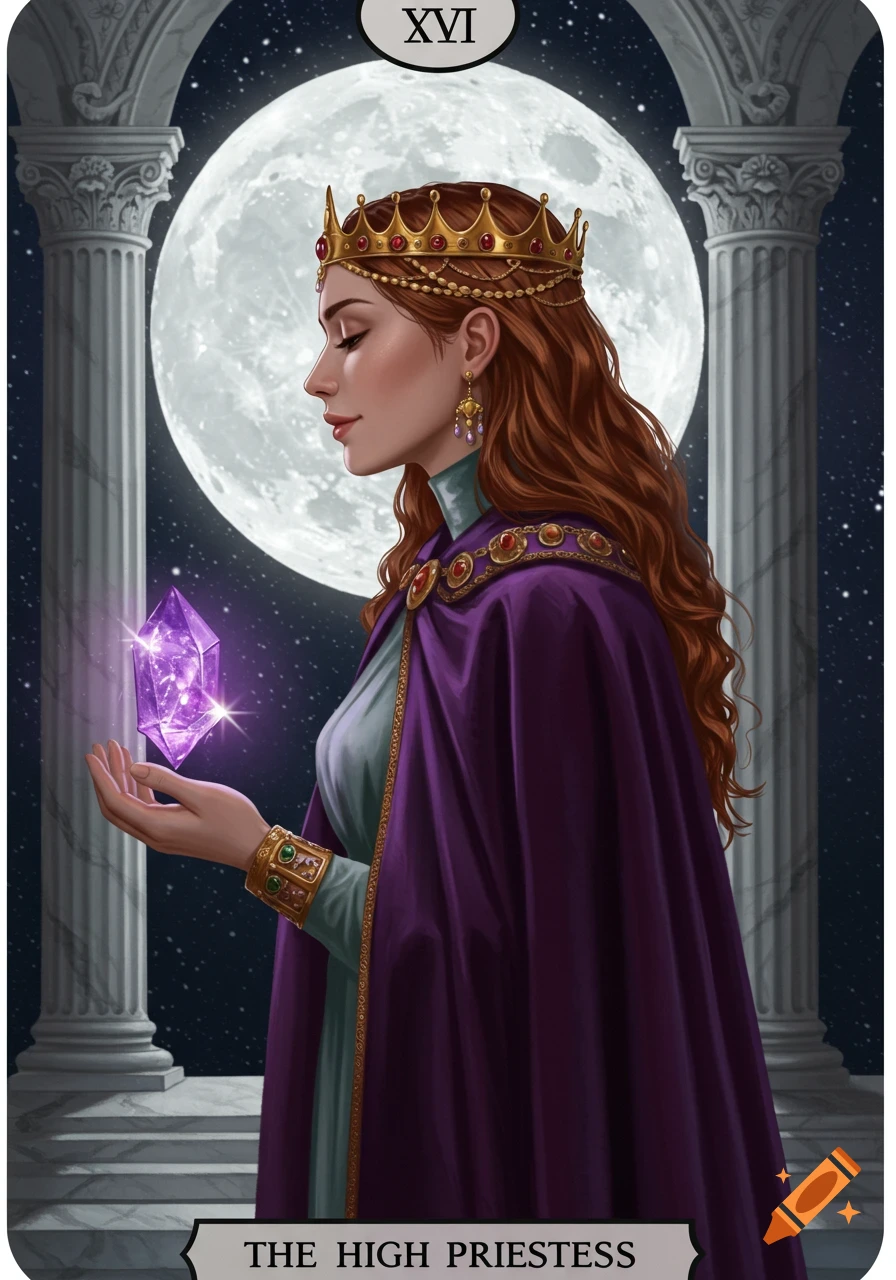 A regal woman with a golden crown and purple cape holds a glowing purple crystal against a moonlit sky with marble pillars, styled as a tarot card.