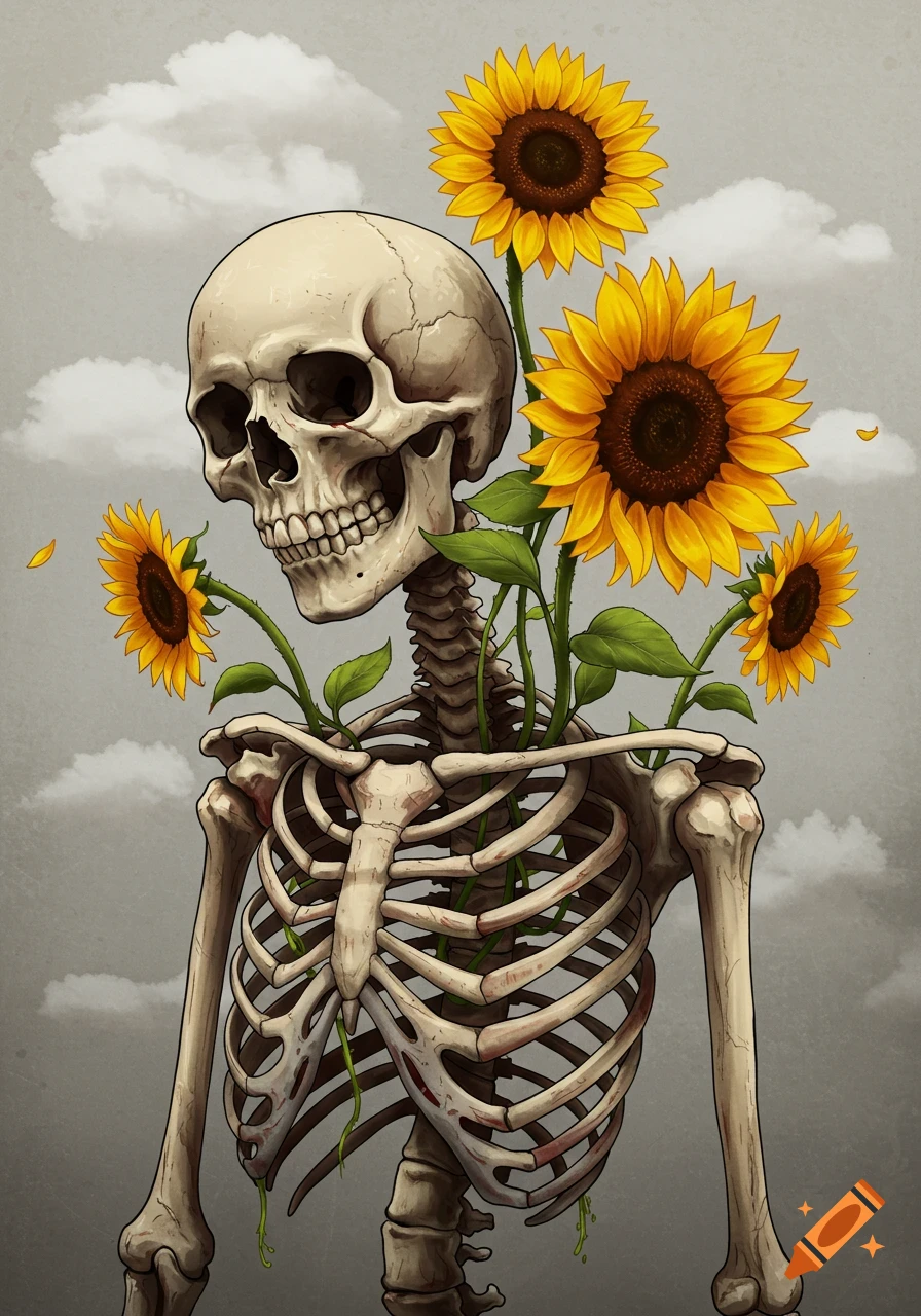 An illustration of a skeleton with bright yellow sunflowers growing from its skull and ribcage, set against a grey, cloudy sky.
