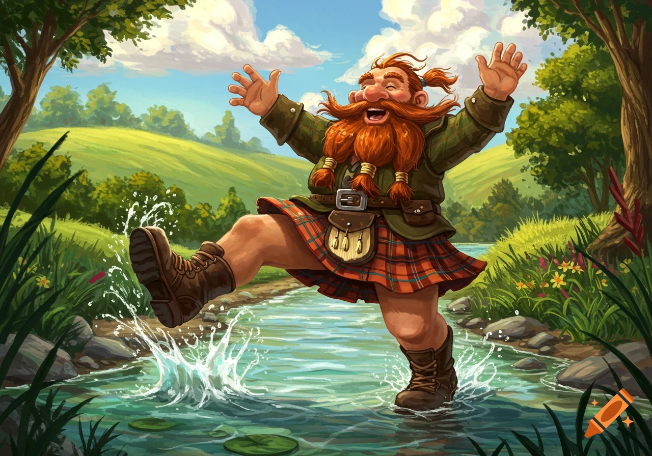 A cheerful, red-bearded dwarf in a kilt and boots splashes happily in a shallow river, raising his arms in a lush, green landscape under a blue sky.