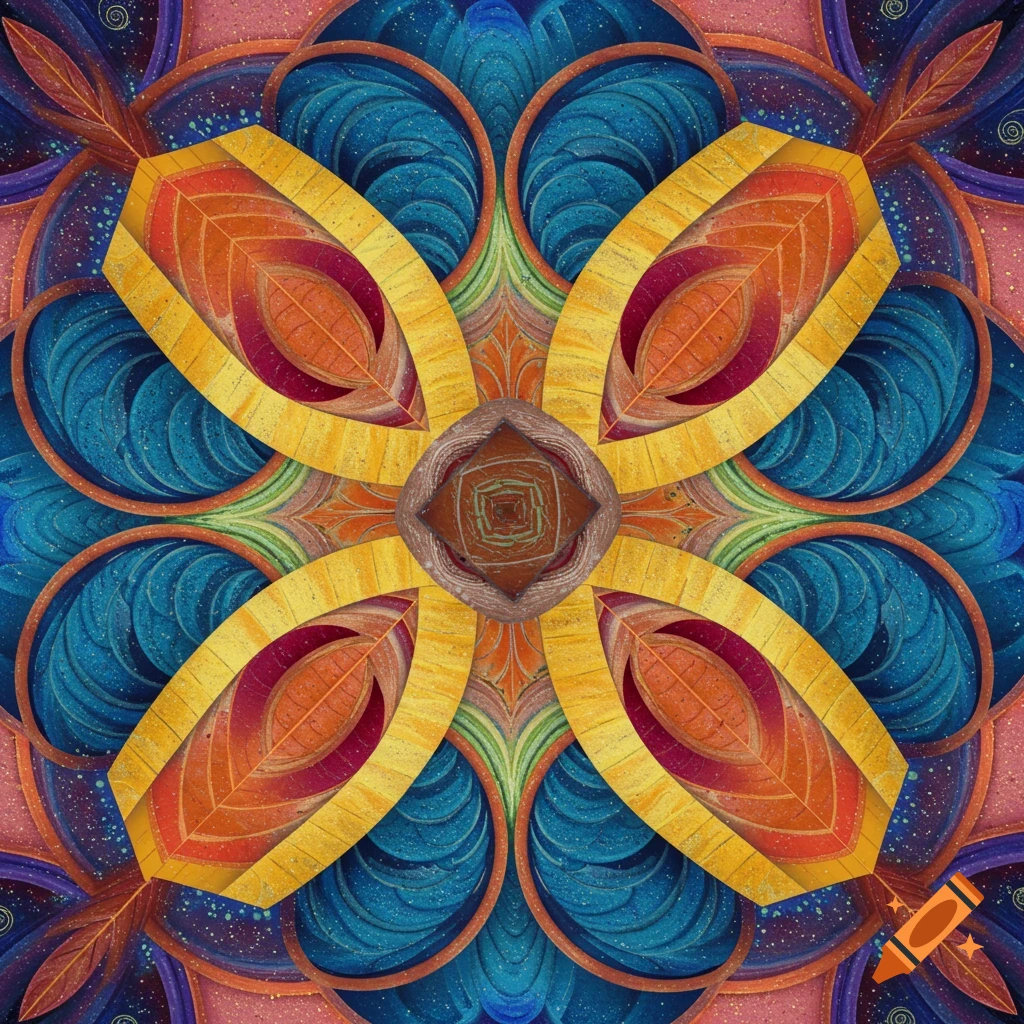Vibrant abstract symmetrical pattern resembling a stylized flower or mandala in blues, yellows, oranges, and purples.