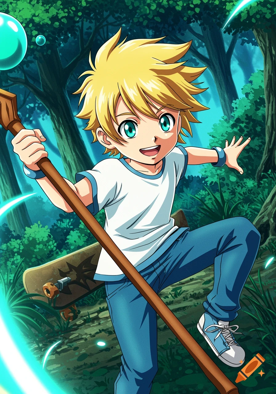 Anime-style blonde boy with turquoise eyes holding a staff in a vibrant forest, with a skateboard nearby.