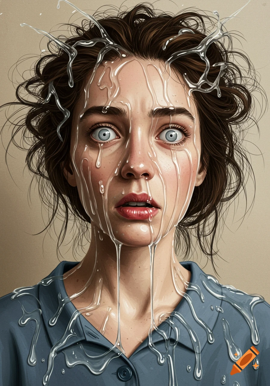 Close-up portrait of a woman with clear, viscous liquid dripping down her face and a stunned expression.