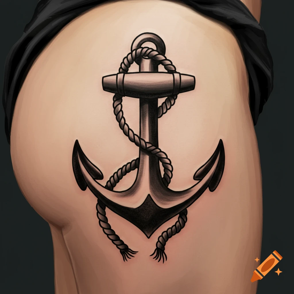 A traditional anchor tattoo wrapped with rope on a human buttock, rendered in an illustrative style.