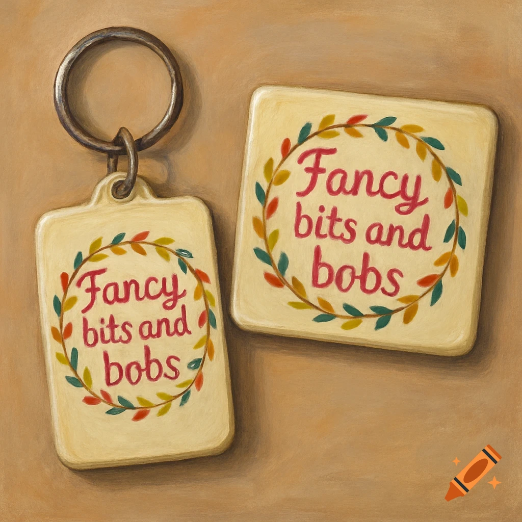 A painted image of a rectangular keyring and a square fridge magnet, both featuring the text 'Fancy bits and bobs' within a colorful leaf wreath.