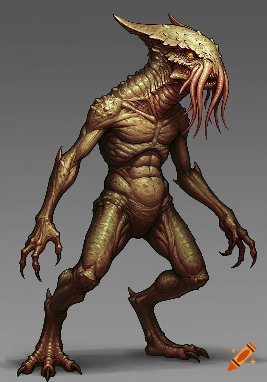 A detailed illustration of a scaly, humanoid alien with a tentacled head, sharp claws, and glowing orange eyes, standing on a grey background.