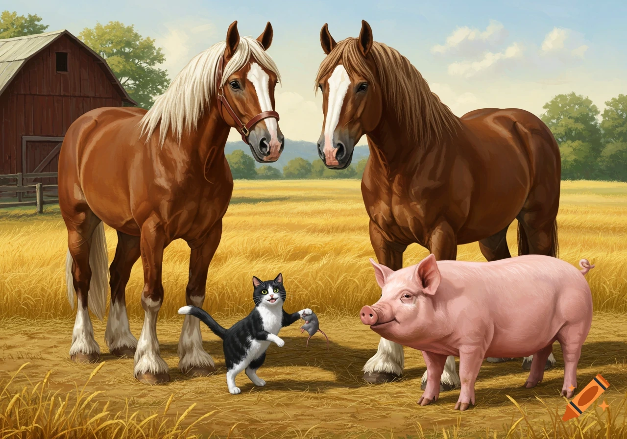 A black and white cat holding a mouse stands in a golden field with two brown horses and a pink pig, with a red barn in the background.