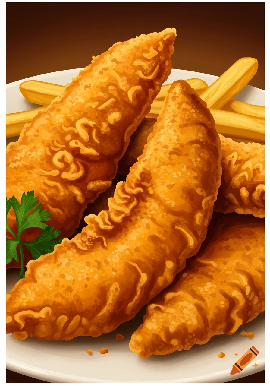 Close-up of golden-brown chicken tenders and french fries on a white plate with a sprig of parsley.