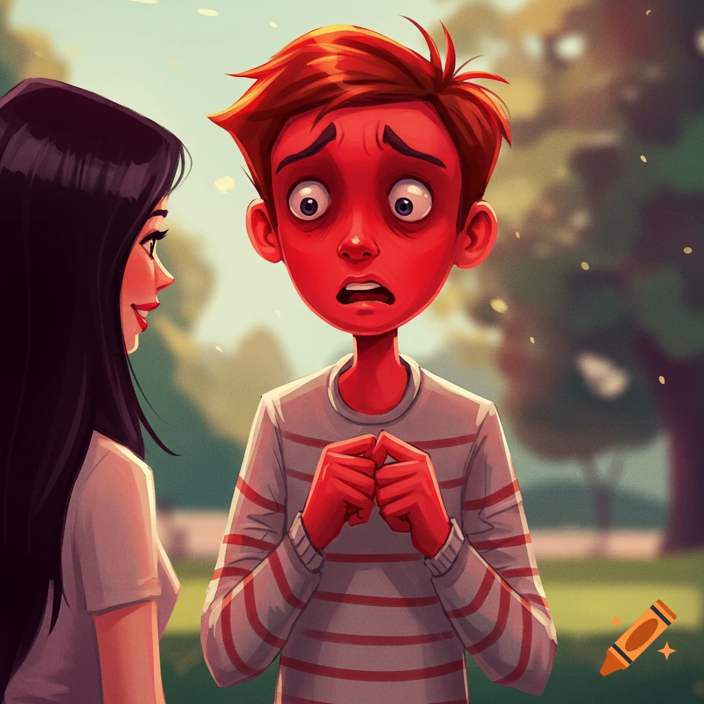 Cartoon of a young boy with a bright red, embarrassed face and wide eyes,  clasping his hands, looking at a smiling girl in a park. on Craiyon, image size:1024x1024