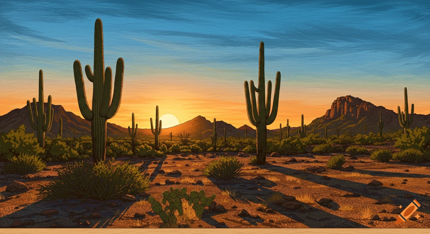 Sonoran Desert sunset with saguaro cacti and mountains under a colorful ...