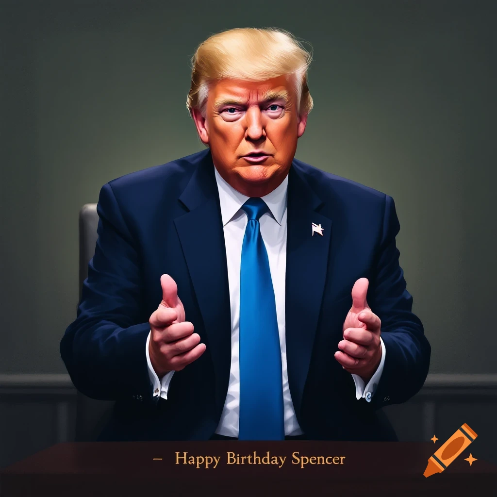 Digital portrait of Donald Trump sitting at a desk with his hands up. Text reads 'Happy Birthday Spencer'.
