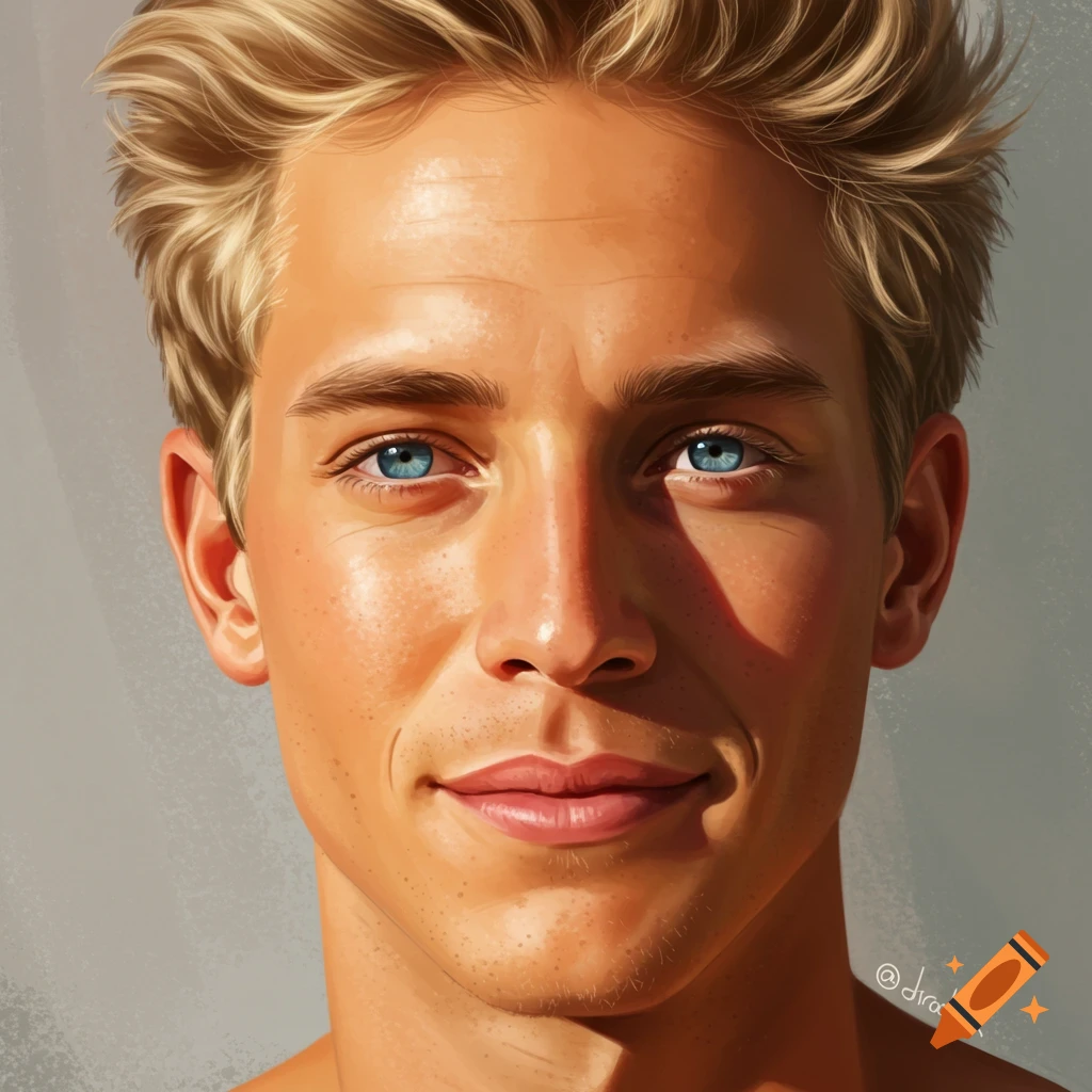 Close-up digital art portrait of a man with blond hair and blue eyes, smiling slightly.