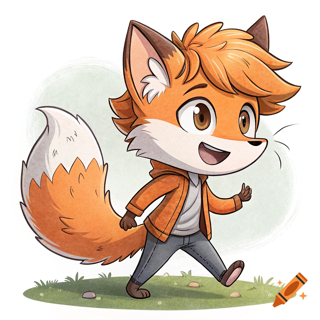 A happy, chibi-style cartoon fox wearing a hoodie and jeans walks on grass.