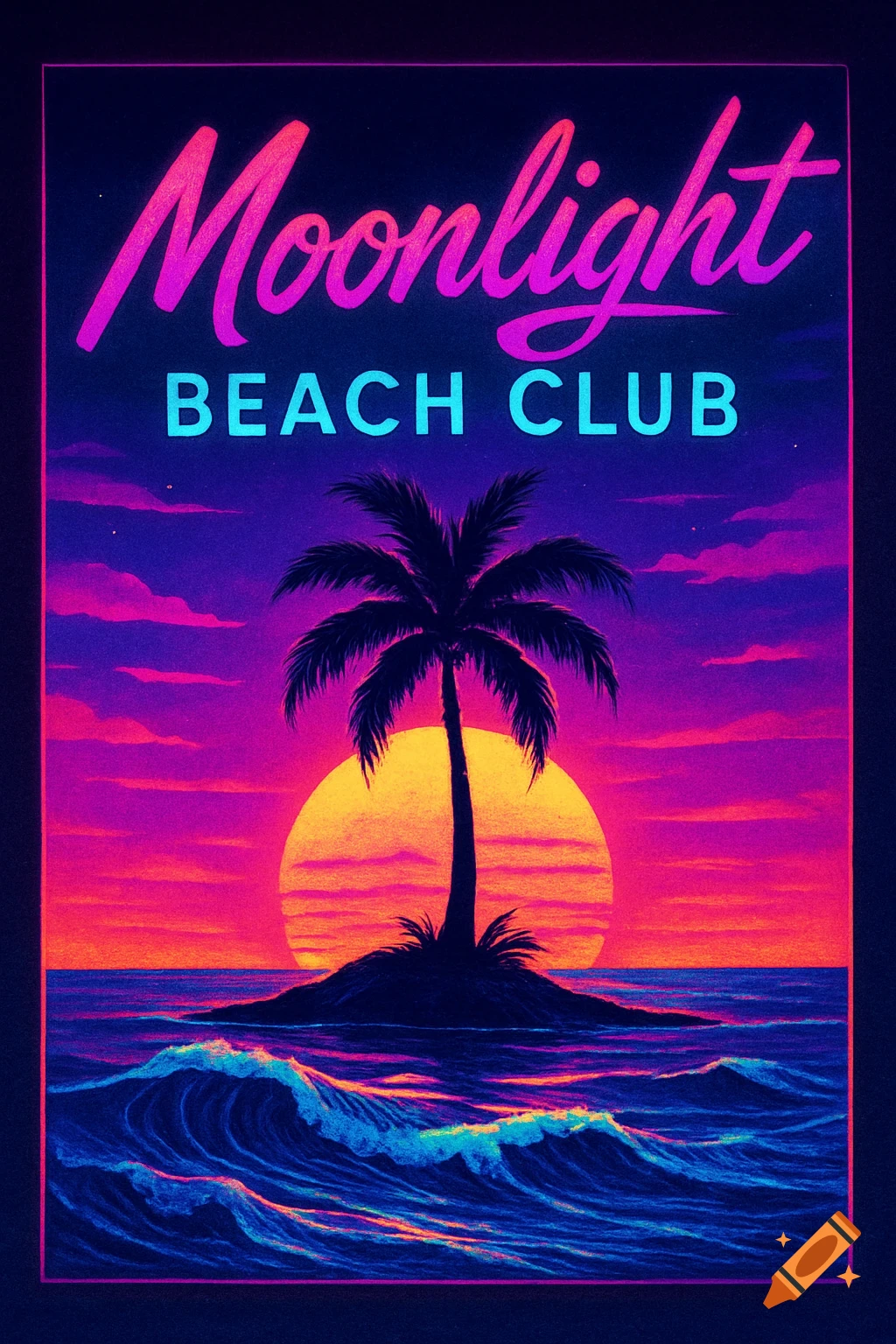 Vibrant 80s neon art of a beach at sunset with a palm tree on an island, ocean waves, and 'Moonlight Beach Club' text.