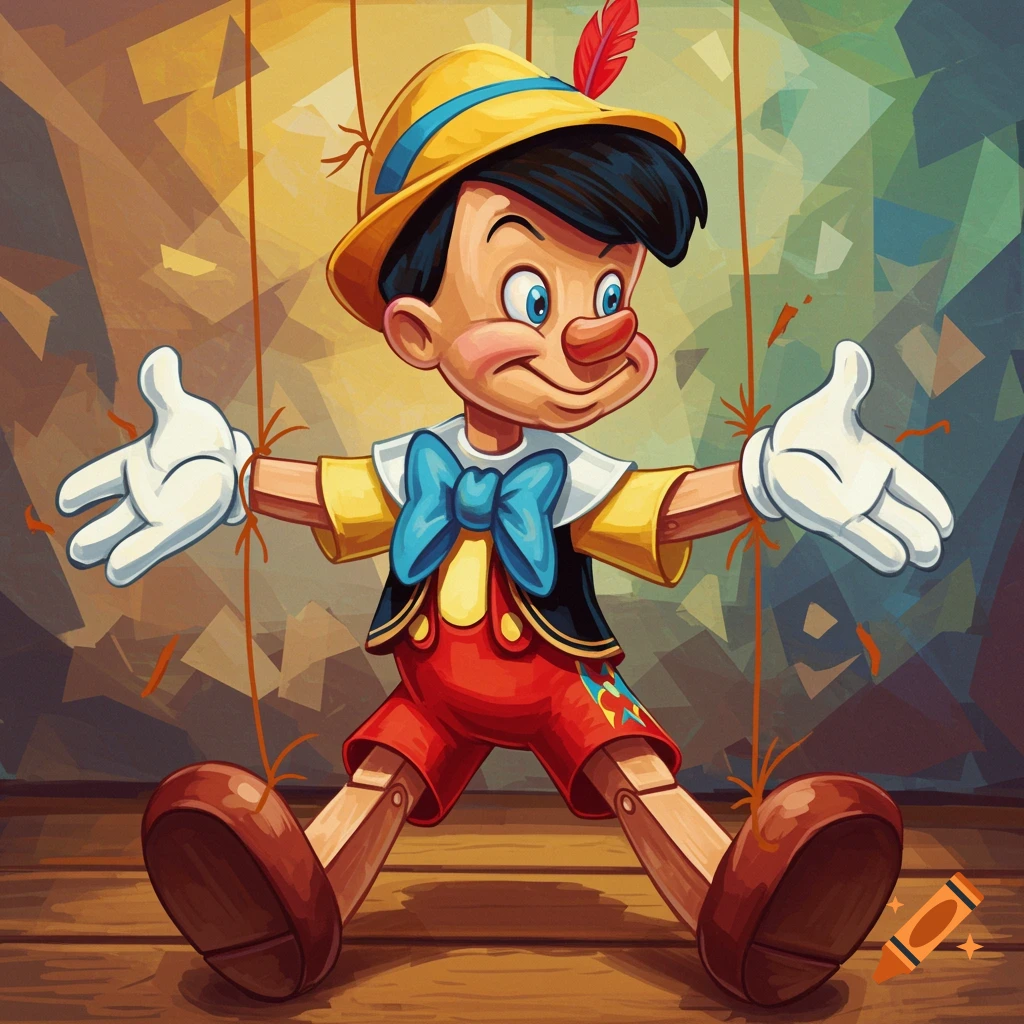 Cartoon illustration of Pinocchio as a puppet, held by strings, against a stylized, cubist background.