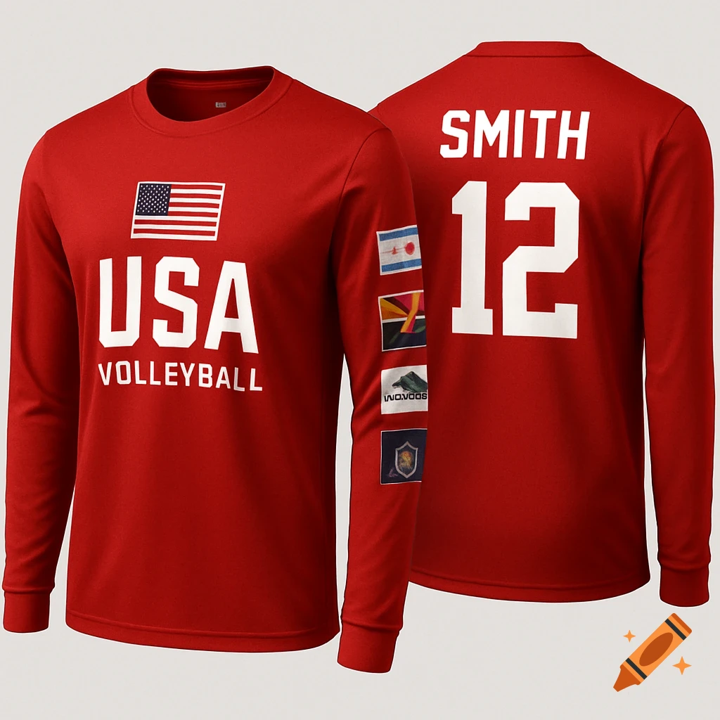 Two red long-sleeve jerseys with USA Volleyball branding. The front of one shows an American flag and "USA VOLLEYBALL". The back of the other shows "SMITH" and "12". Sleeve patches depict flags.