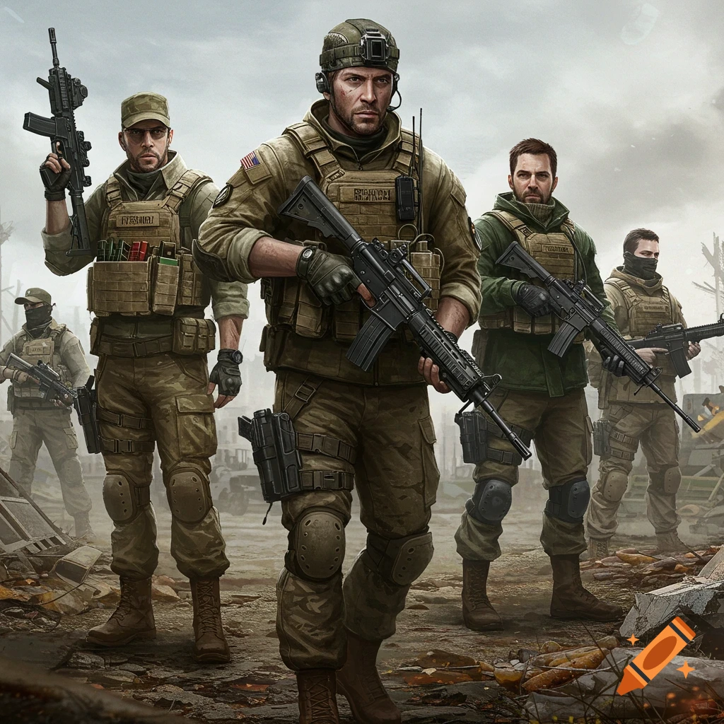 Five armed soldiers in tactical gear stand in a ruined, dusty landscape. Photorealistic style.