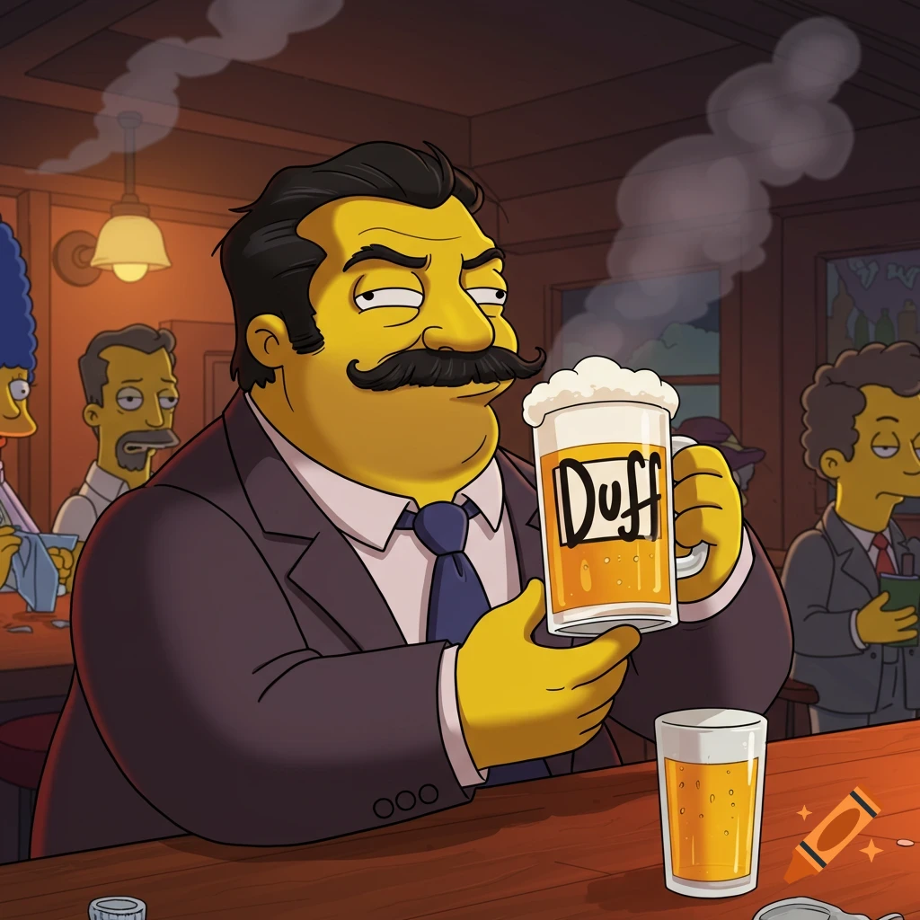 Fat Tony from The Simpsons holds a mug of Duff beer at a bar.