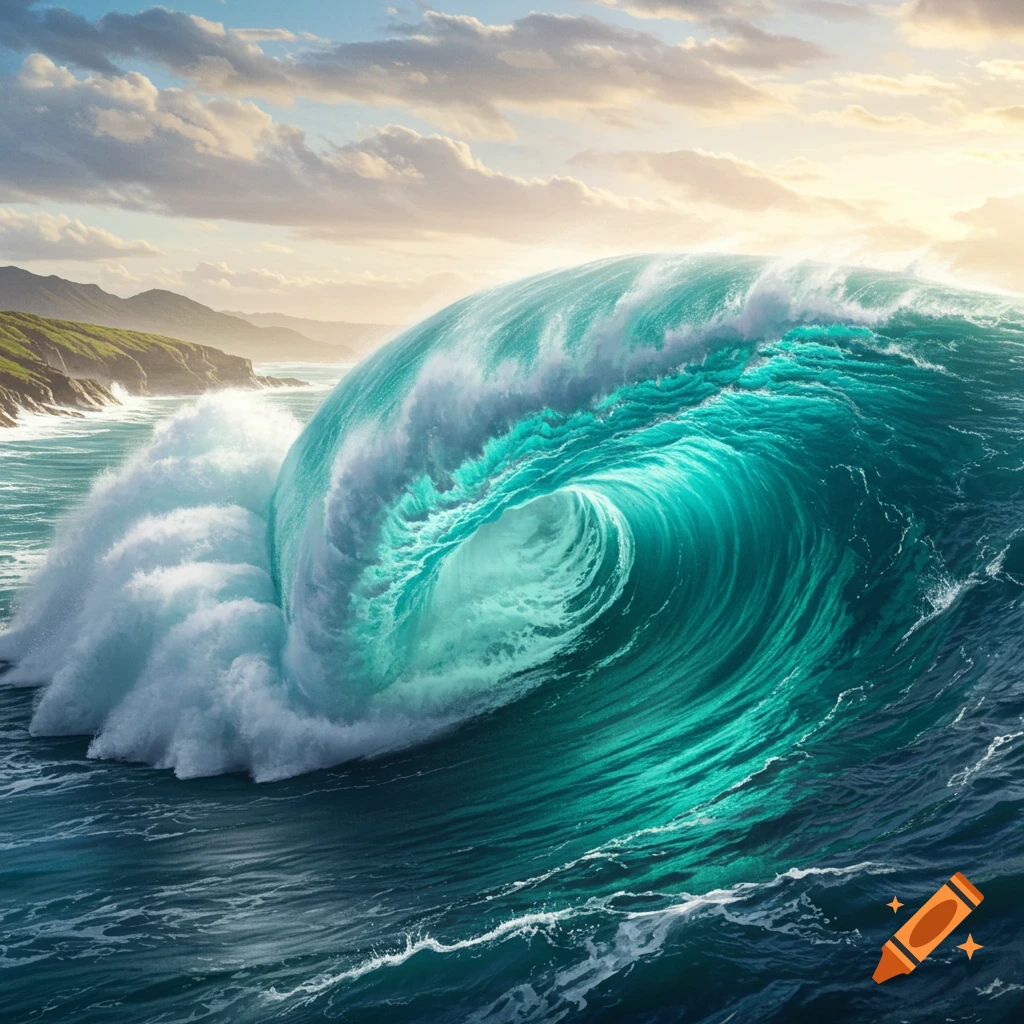 A large, powerful turquoise wave curls and breaks near a green, rocky coastline under a cloudy sky.