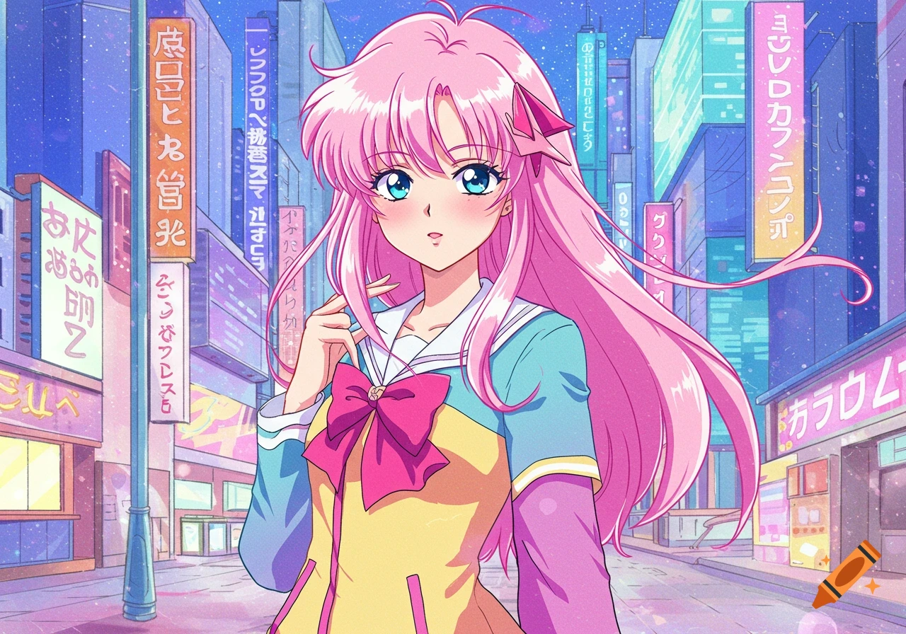 An anime girl with long pink hair and blue eyes stands on a neon-lit city street with Japanese buildings in the background.
