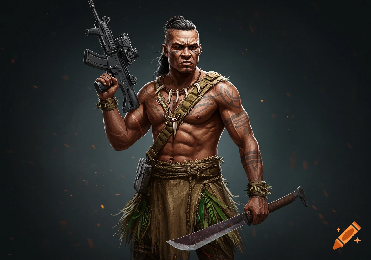 A muscular warrior with tribal tattoos, holding a modern assault rifle ...